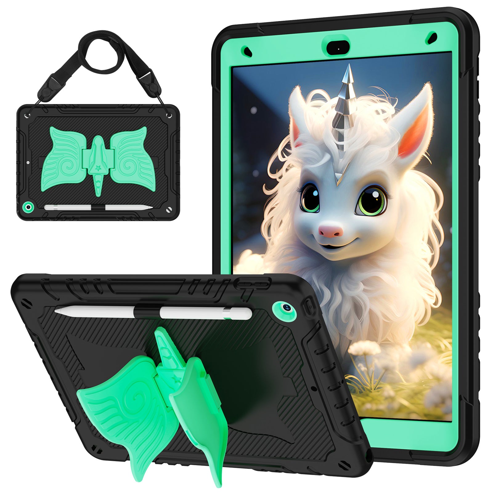 For iPad 10.2 (2021) / 10.2 (2019) / 10.2 (2020) Case Silicone+PC Unicorn Kickstand Tablet Cover with Shoulder Strap For iPad 10.2 (2021) / 10.2 (2019) / 10.2 (2020) Case Silicone+PC Unicorn Kickstand Tablet Cover with Shoulder Strap